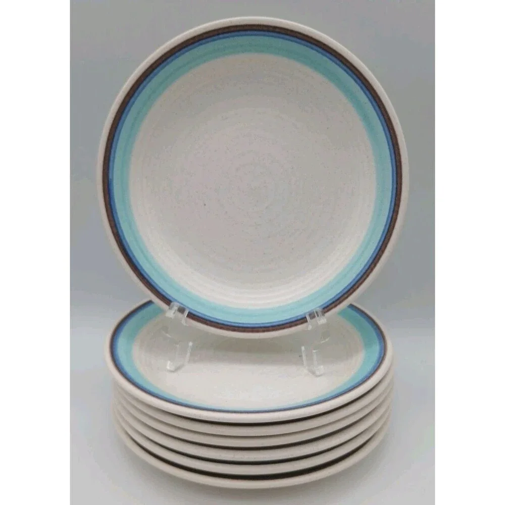 7 Vtg Franciscan Malibu Desert Plates Bread Appetizer Blue Brown Rings Stoneware
